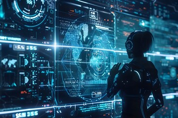 Futuristic Woman Monitoring Data on Digital Screens.