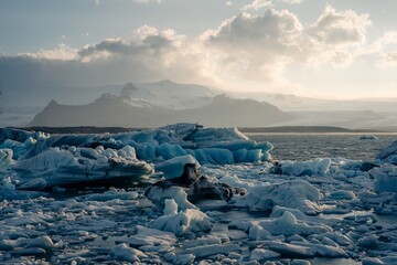 Glacier lagoon Jokulsarlon in iceland during golden hour