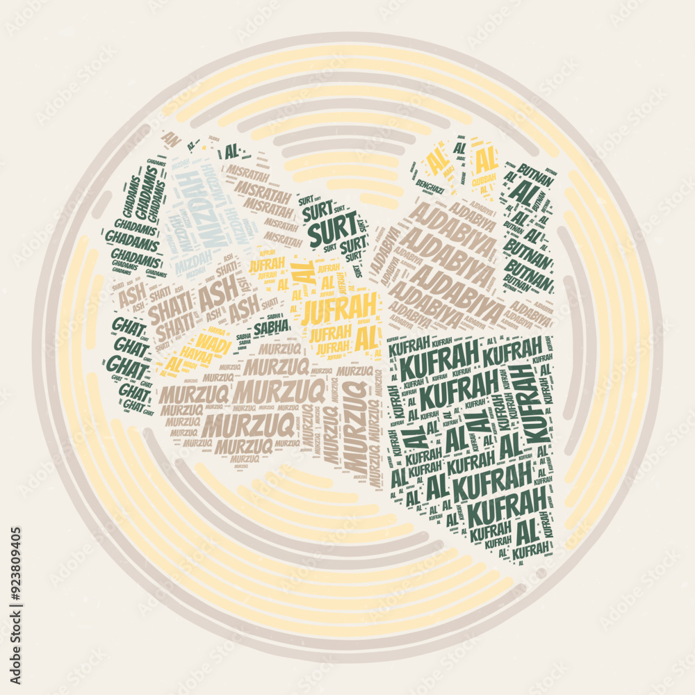 Poster libya round poster. typography style image of the country. regions word clouds of libya. vintage ima