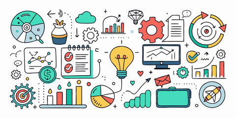 Business doodle set, vector finance teamwork strategy graphic sketch, hand drawn scribble diagram. Brainstorm mind planning, team communication, money statistics idea sign. Business doodle infographic