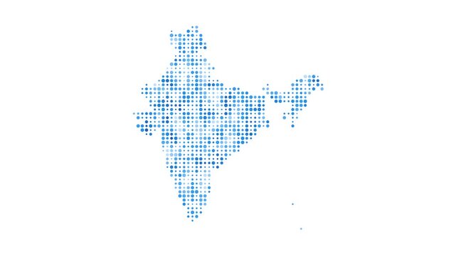 India dotted digital map. Map of India with pulsating colored circles. Shape of the country filled with blue disks. Creative video.