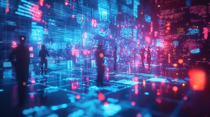 People interacting with holographic futuristic data network