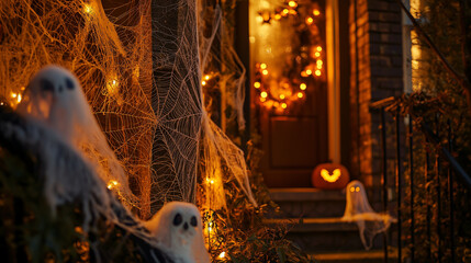 A family adorning their home with spooky decorations, from cobwebs to ghosts, emphasizing teamwork and festivity. Creation, Home, Culture