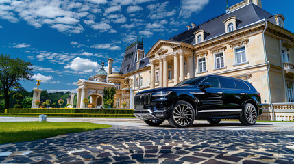a luxury SUV black car in front of a majestic mansion, millionaire lifestyle