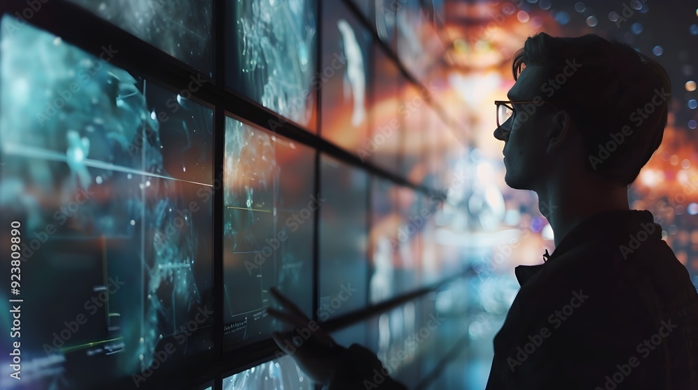 Poster man interacting with interactive wall display