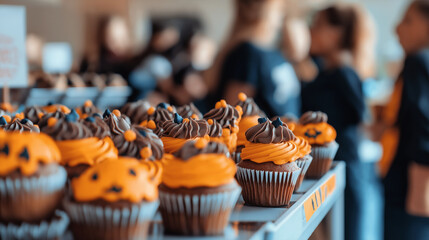 A group of community members or students selling spooky-themed baked goods, such as cupcakes and cookies, to raise funds for a cause. Responsibility, Community, Caring