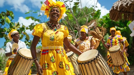 Honduran Garifuna drummers and dancers in traditional attire, lively and cultural celebration 