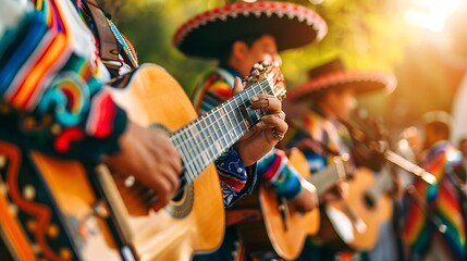 Traditional Mexican mariachi band performing with guitars and trumpets, vibrant and festive...