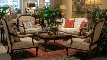 Fototapeta premium A department store display featuring a matching set of chairs and a coffee table, arranged in a cozy seating area.
