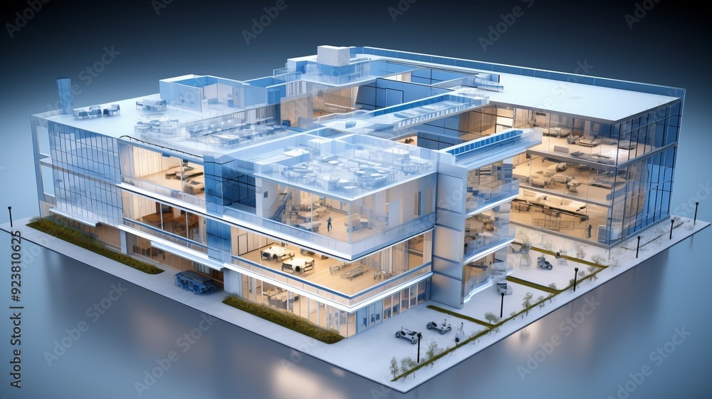 Poster vision of architecture of a 3d model house project with blueprint