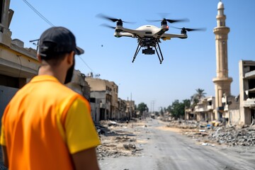 A drone flying over a conflict zone, capturing high-resolution images of the battlefield below, with operators controlling it from a remote base