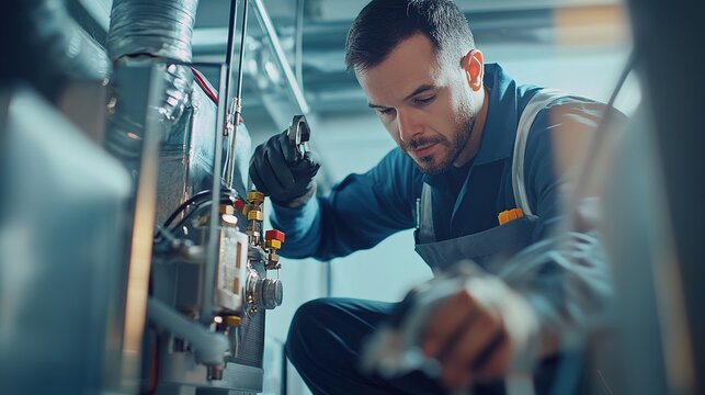 Technician working on a commercial HVAC system, fixing mechanical components and restoring functionality. The technician is wearing a uniform and using tools to complete the emergency repair service.
