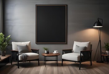 A modern living room with a large black frame on