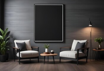 A modern living room with a large black frame on