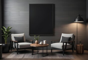 A modern living room with a large black frame on
