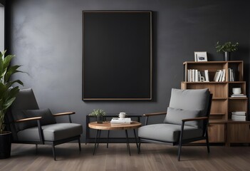 A modern living room with a large black frame on