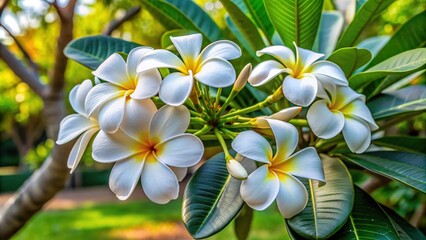 Obraz premium Delicate white Plumeria rubra flowers blooming on a lush tree, exuding sweet fragrance and symbolizing elegance, beauty, and cultural significance in Laos, against a serene garden backdrop.