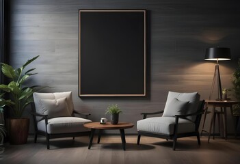A modern living room with a large black frame on