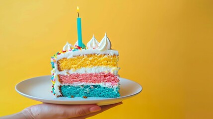 Female hand holding white plate with slice of rainbow cake with birning candle in the shape of star on yellow background happy bithday party concept wide banner copy space
