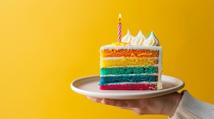 Female hand holding white plate with slice of rainbow cake with birning candle in the shape of star on yellow background happy bithday party concept wide banner copy space