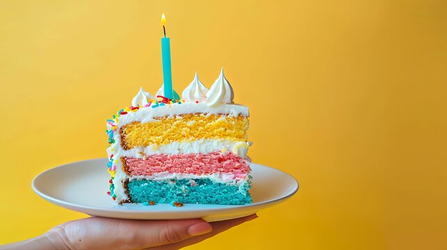 Female hand holding white plate with slice of rainbow cake with birning candle in the shape of star on yellow background happy bithday party concept wide banner copy space