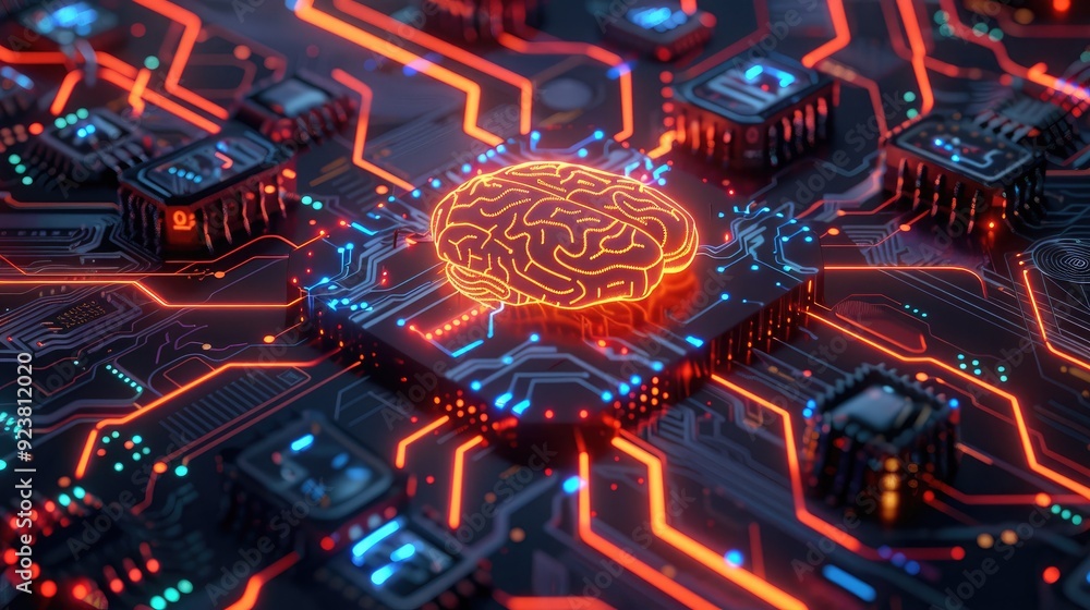 Aufkleber a glowing circuit board with an ai-powered brain at its center, symbolizing the core of intelligent 