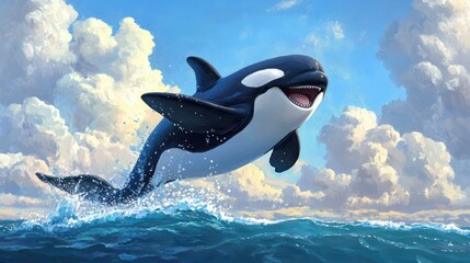 Fototapeta premium A playful cartoon orca jumping out of the ocean, with a big grin.