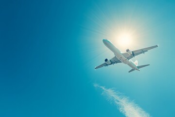 Obraz premium A jet airplane ascends gracefully, tracing a sharp contrail against the vibrant blue sky and bright sun in the background
