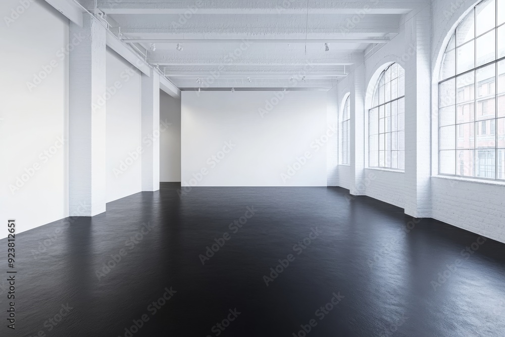Poster an empty studio featuring white walls and a sleek black floor, designed to inspire creativity in a v
