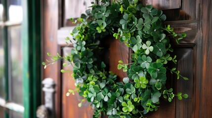 Fototapeta premium A vibrant green wreath made of clovers adorns a wooden front door