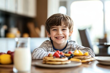 A young boy smiles brightly while seated at a kitchen table adorned with a delicious spread of pancakes topped with fresh fruit and a glass of milk