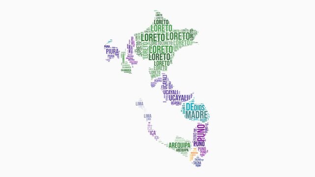 Peru regions word cloud animation. Country logo animated video. Peru colored text cloud. Regions typography style motion graphics. Trending video.