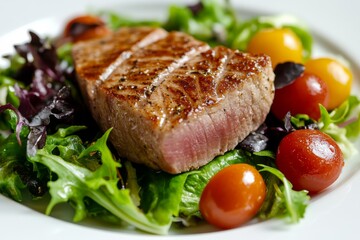 A seared tuna steak sits atop a bed of mixed greens and cherry tomatoes, ready to be enjoyed for a fresh and healthy meal