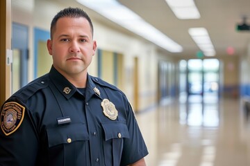 A security officer stands watch at the entrance of a high school, ensuring safety and security for students and staff during school hours