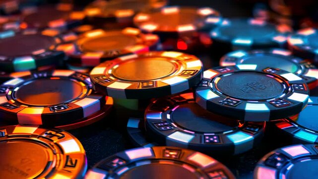 Gambling chips glowing under colorful casino lights in close-up
