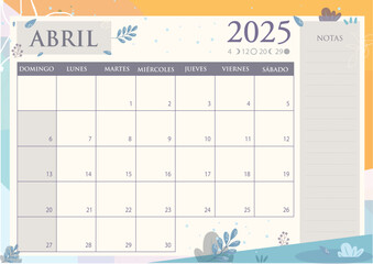 Calendario mensual 2025 en Español. ABRIL