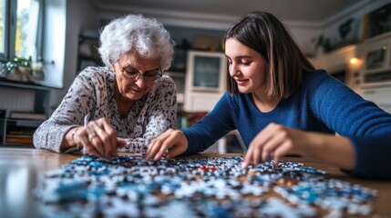 Cherished Moments: Grandmother and Granddaughter Enjoying a Puzzle Together