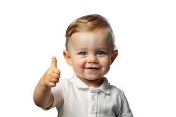 A cute toddler isolated on a white background, enthusiastically giving a thumbs up sign