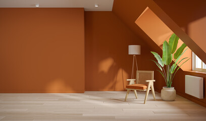 modern mid century,Attic Living Room interior, have wooden lounge chair  on orange wall mock up ,3d render