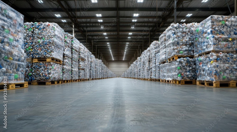 Poster spacious warehouse with stacks of organized recyclables on pallets, showcasing industrial storage an