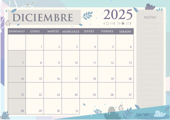 Calendario mensual 2025 en Español. DICIEMBRE 
