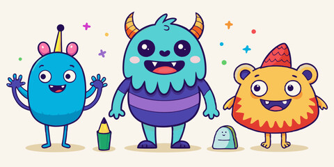 Halloween cute monster set, vector doodle hand drawn spooky kids creature, colorful pencil print. Cartoon holiday funny fluffy smiling alien, naive baby horror humor illustration. Cute monster sketch