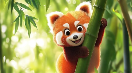 Cheerful cartoon red panda climbing a bamboo stalk, with a content smile.