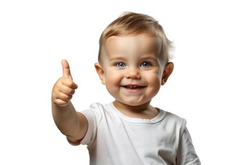 A cute toddler isolated on a white background, enthusiastically giving a thumbs up sign