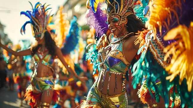 Brazilian Carnival parade with dancers in elaborate costumes and vibrant feathers