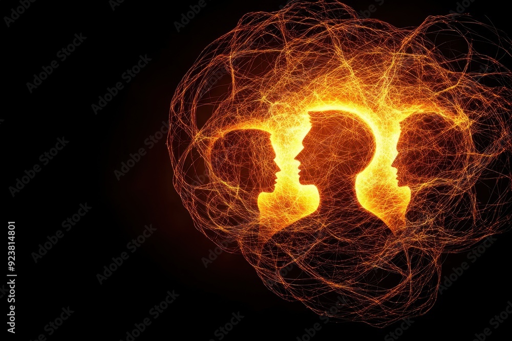 Poster silhouettes of three interconnected heads with glowing neural network, symbolizing connection, commu
