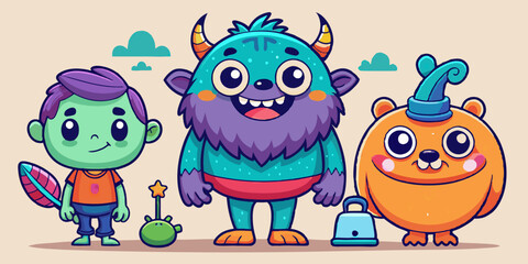 Halloween cute monster set, vector doodle hand drawn spooky kids creature, colorful pencil print. Cartoon holiday funny fluffy smiling alien, naive baby horror humor illustration. Cute monster sketch