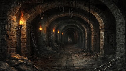 Gothic Stone Dungeon Corridor with Torches and Chains