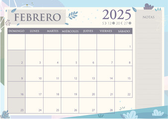 Calendario mensual 2025 en Español. FEBRERO 