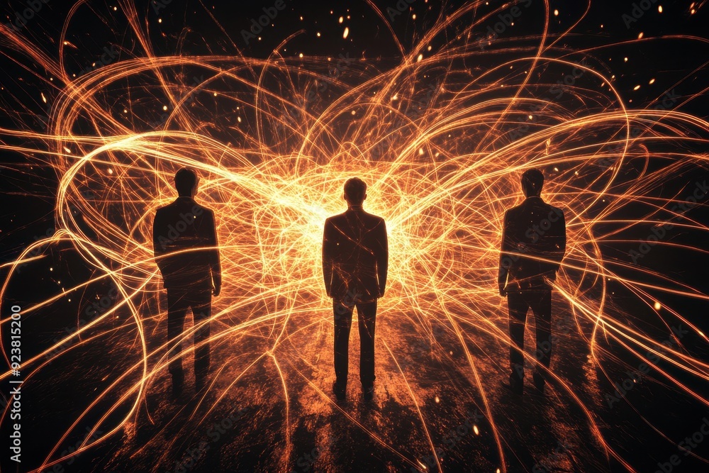 Leinwandbilder silhouettes of three people standing against a backdrop of vibrant swirling lights and sparks, creat